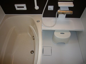 洗い場はカウンター式の収納浴槽はワンプッシュ式の排水栓