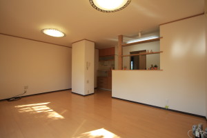 ダイニング側から見たキッチン　吊り戸がないので開放的です